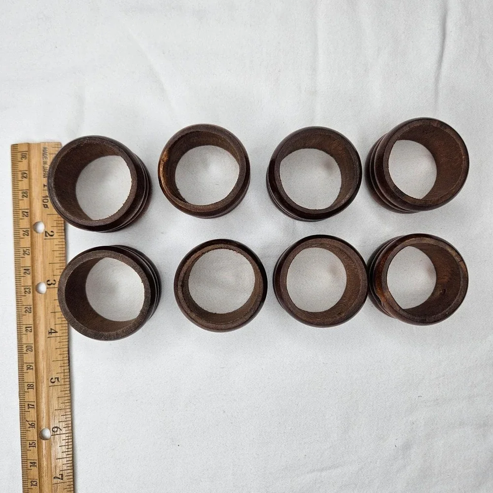 Vtg Knobler Wood Napkin Rings Set of‎ 8 Ribbed Brown MCM Table Decor Taiwan Boho